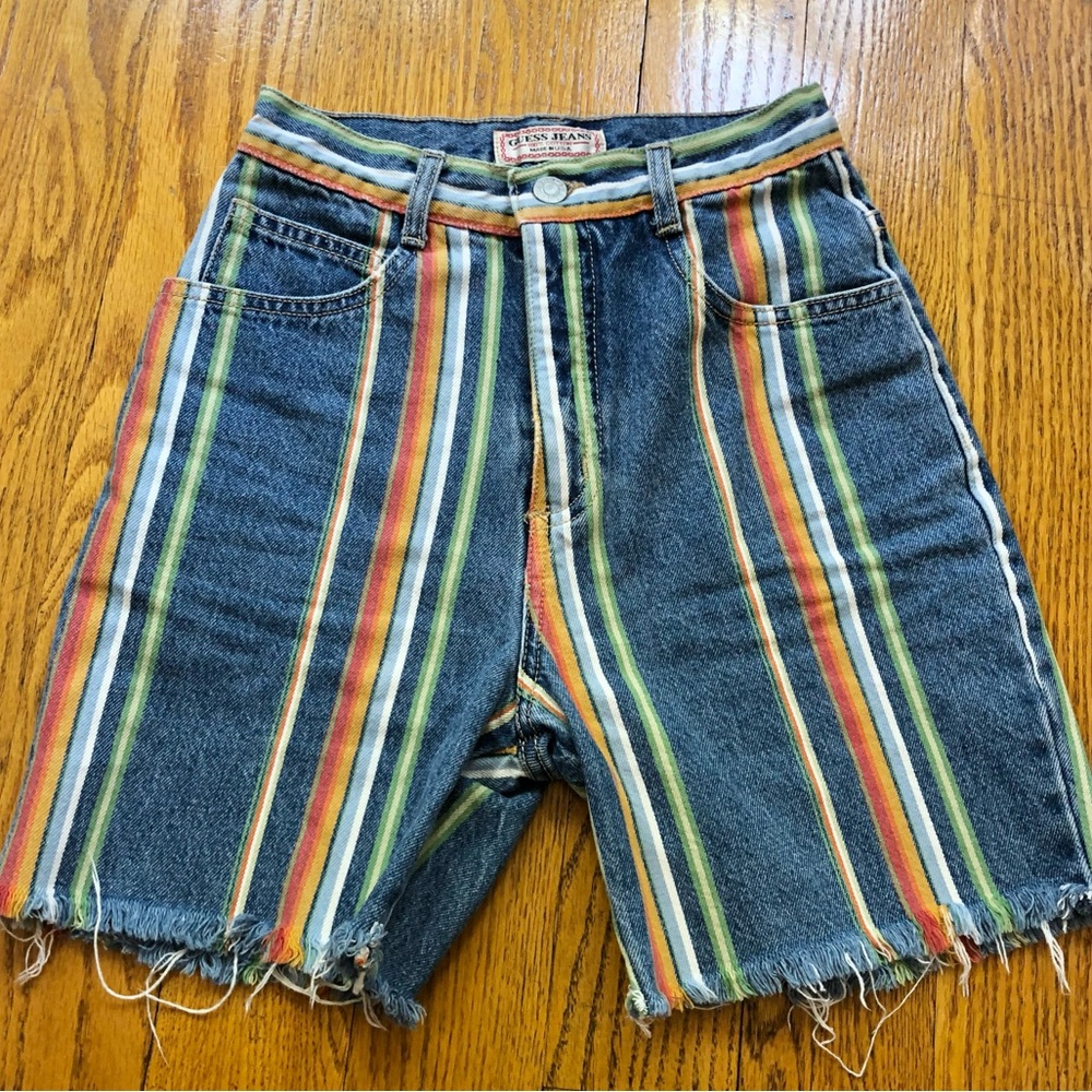vintage guess jeans high waist denim shorts, striped jean shorts, size 0